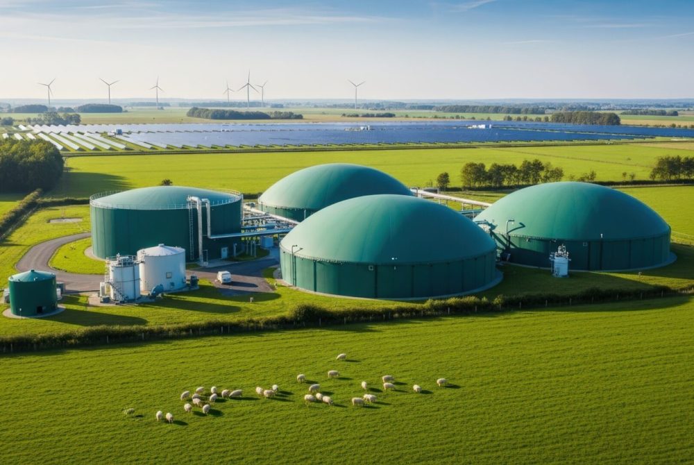 Aerial view of a large biogas plant, solar farm, and wind turbines in a rural landscape on a bright sunny day. Sheep graze in a nearby field